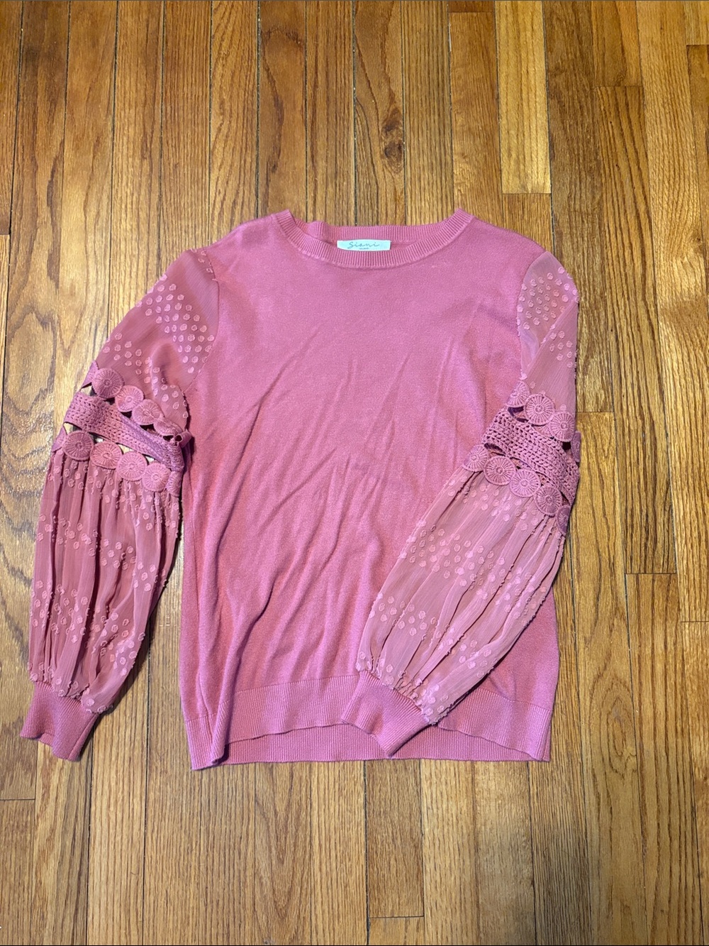 Scalloped Lace Sleeve Crewneck Sweater - Pink